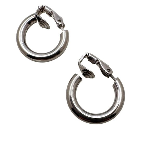 Minimalist Chic Clip-On Hoop Earrings Silver Tone Small Polished Metal - Picture 3 of 4